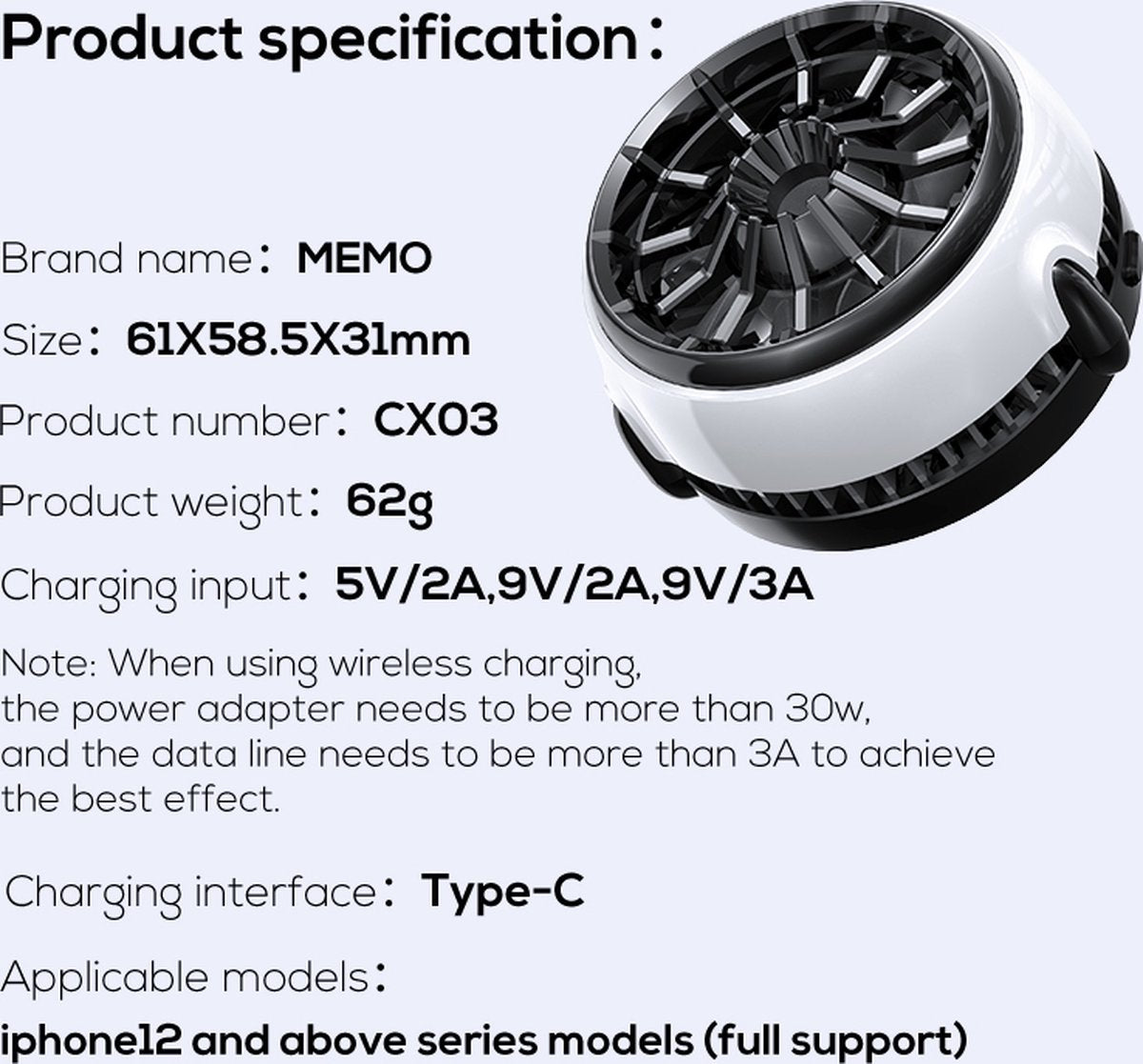 15W Magnetishe Draadloze Oplader met Koelventilator Cooling Fan Snelladen Fast charging & Overhittingsbescherming