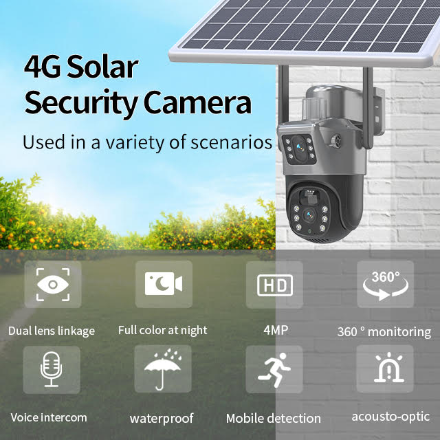 4G 360° Solar Beveiligingscamera – Full HD 4K, Nachtzicht, Bewegingsdetectie, Dual Lens, Geen WiFi Nodig, Zonnepaneel, SD & Cloud Opslag