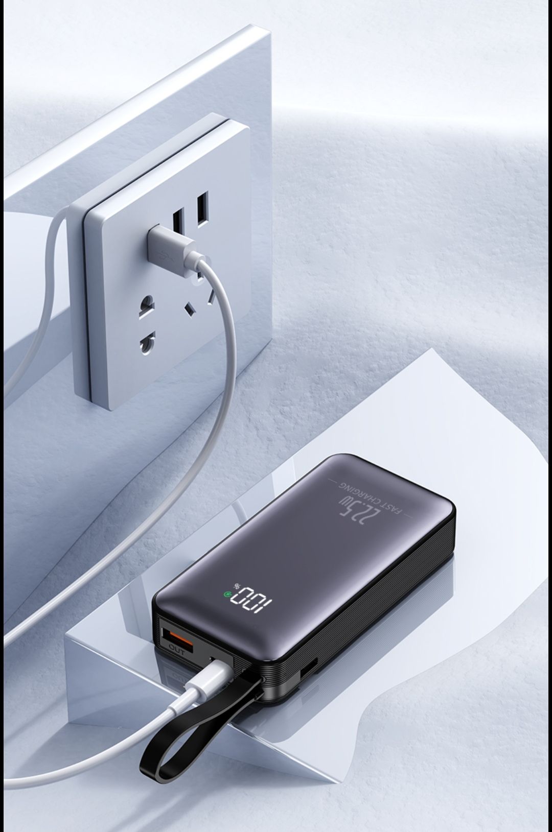 NINE Double Mini Powerbank 10.000mAh – 22.5W PD3.0 Snelladen | Ingebouwde Kabels: Lightning & USB-C